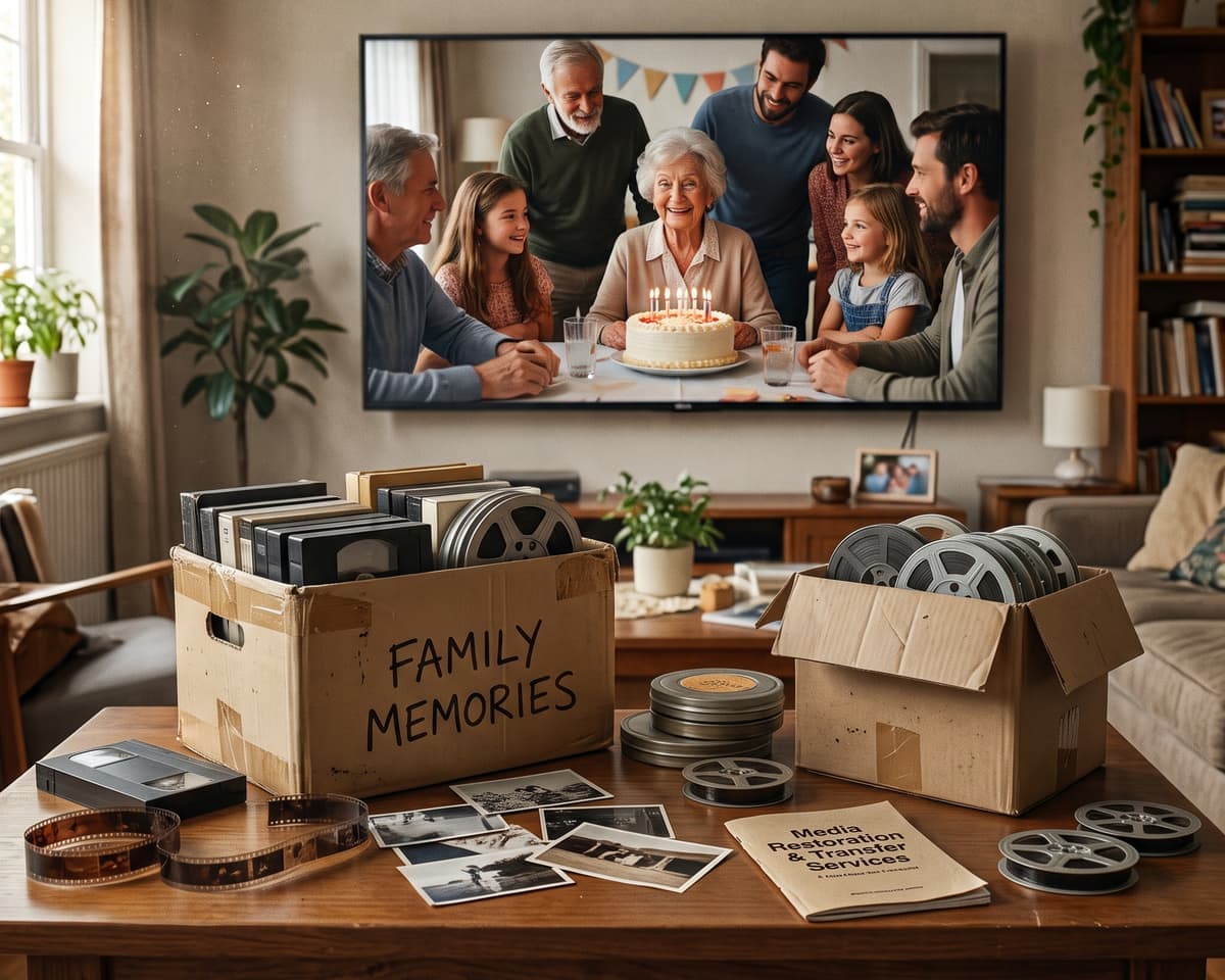 A box of family VHS tapes and film reels in front of a TV playing a family birthday party